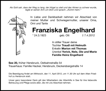 Traueranzeige von Franziska Engelhard von Hersbrucker Zeitung